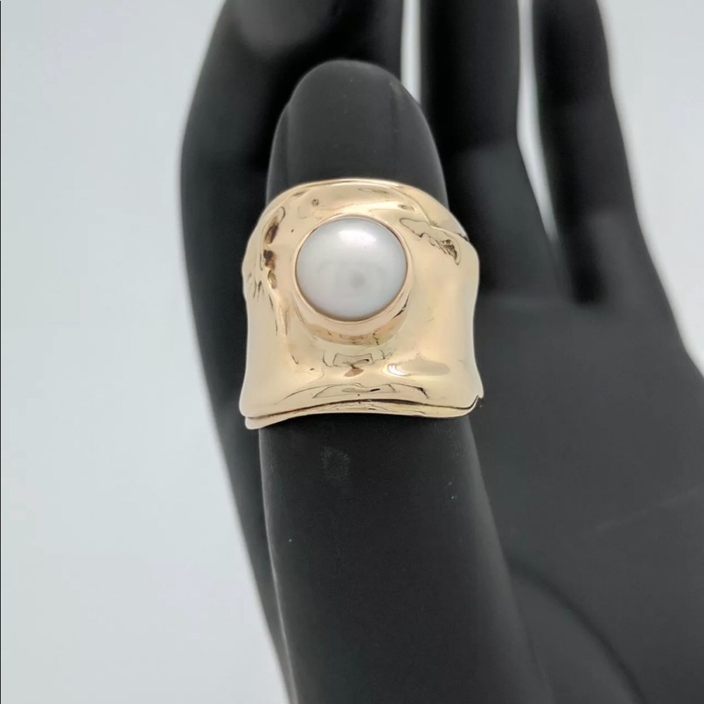 14k Designer Pearl Yellow Gold COCKTAIL CIGAR BAND Ring. Size 7